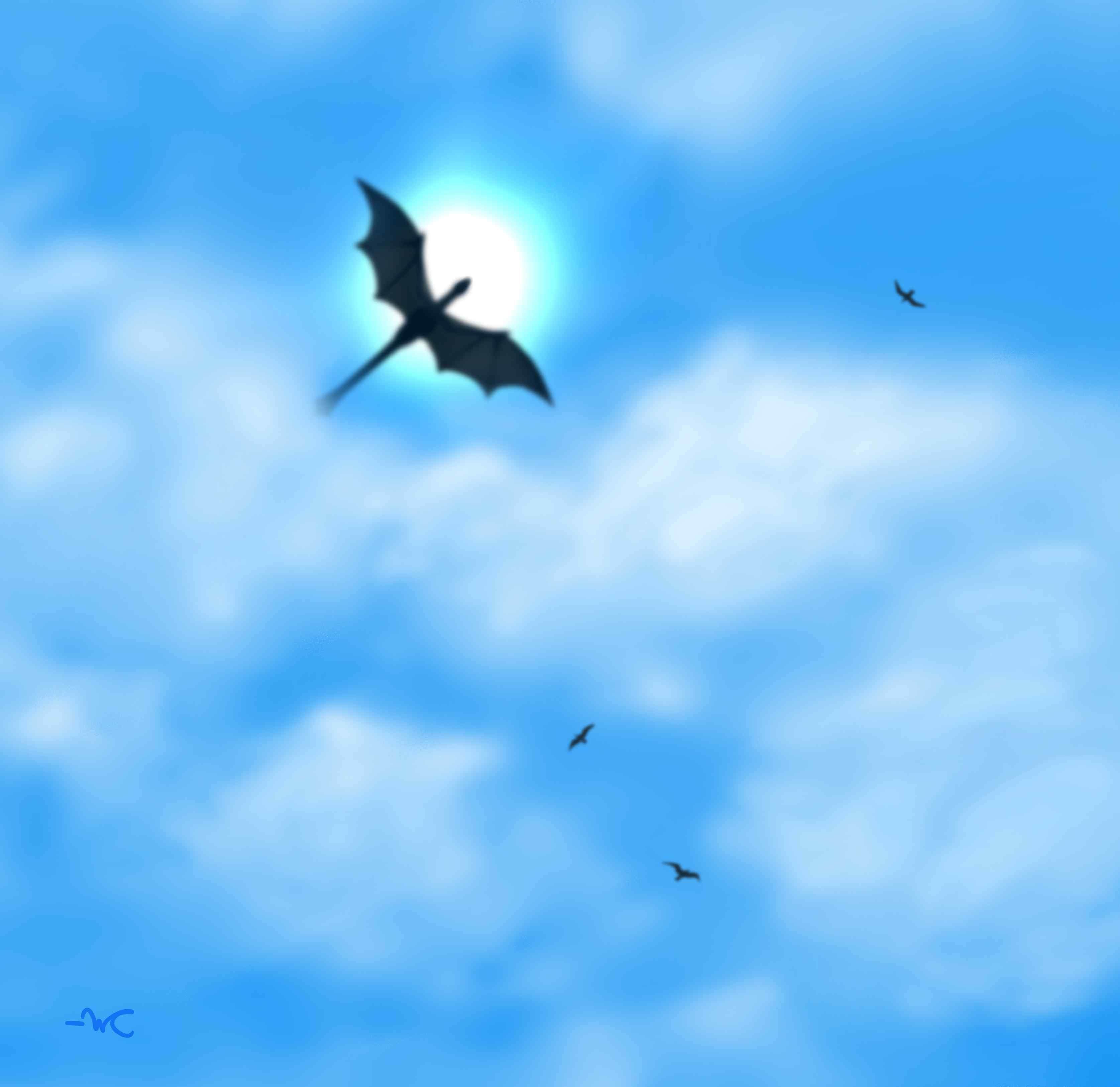 A clear sky with a dragon and birds flying in the distance.